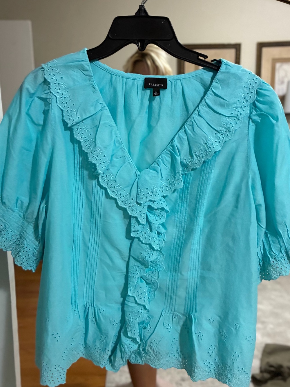 Talbots Turquoise Eyelet Ruffle V-Neck Blouse
